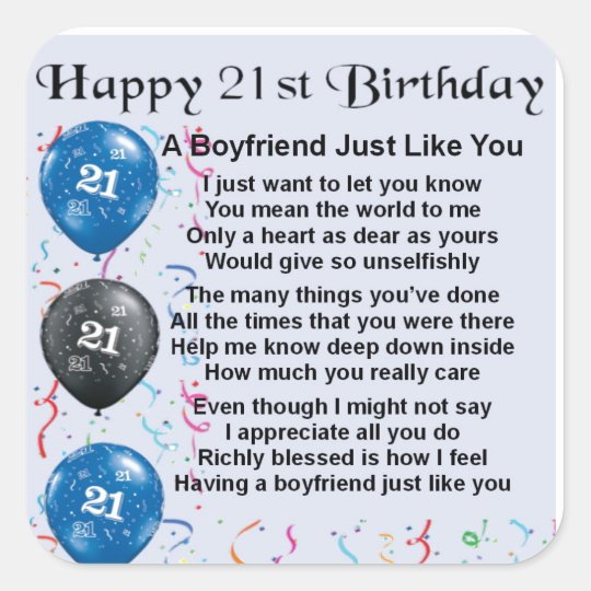 Boyfriend Poem  21st Birthday Square Sticker  Zazzle.com