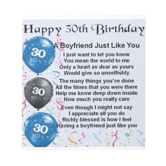 Boyfriend poem 30th Birthday Notepad (Front)