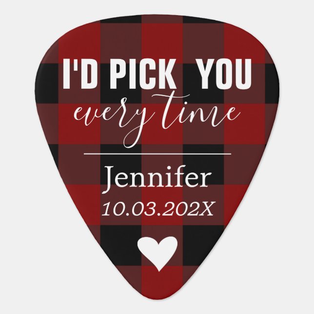 boyfriend valentine gift photo (back) red plaid guitar pick (Front)