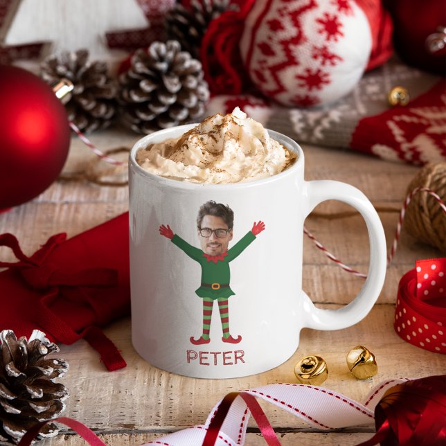 Boyfriend's Face & Name Elf Christmas Funny Gift Coffee Mug (Boyfriend's Elf Photo & Name Funny Christmas Mug Personalized Photo)