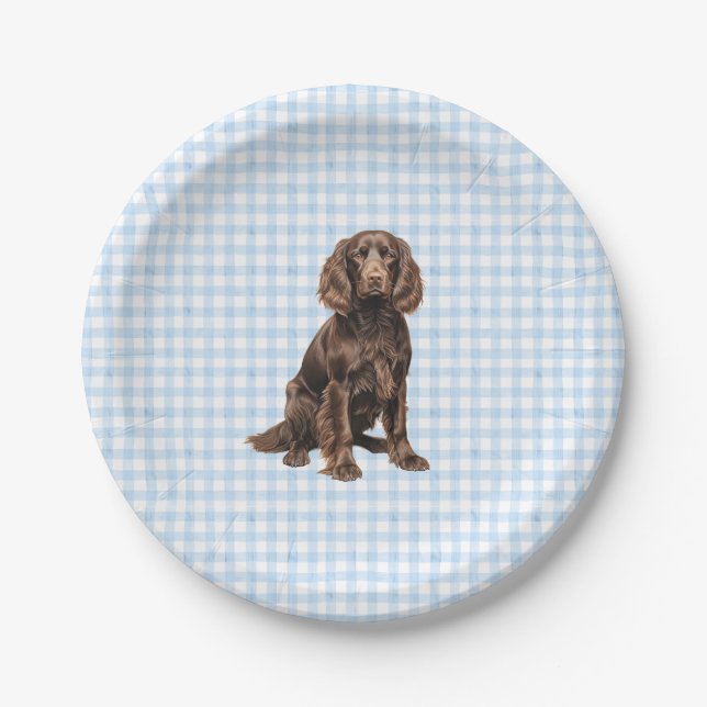 Boykin Party Plate, Dog Party, Blue Gingham  Paper Plates (Front)