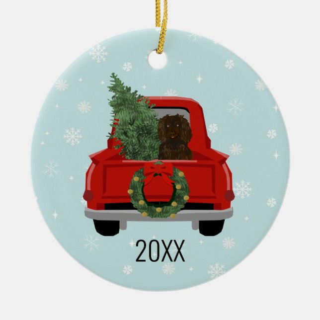 Boykin Spaniel Christmas Red Truck Ceramic Ornament (Front)