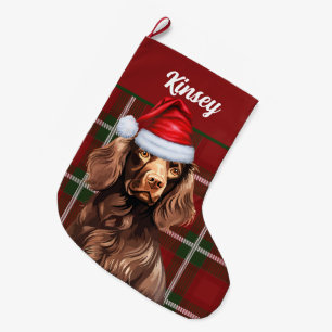 Boykin Spaniel Dog Red Plaid Personalized Large Christmas Stocking