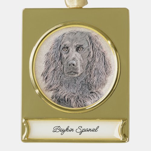 Boykin Spaniel Painting _ Cute Original Dog Art Gold Plated Banner Ornament