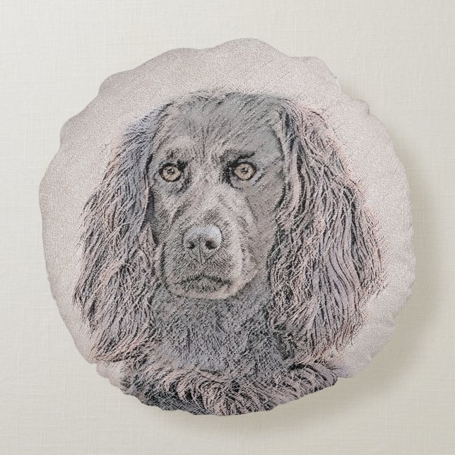 Boykin Spaniel Painting - Cute Original Dog Art Round Pillow (Back)