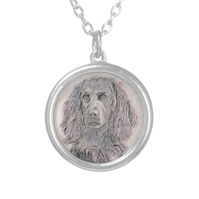 Boykin Spaniel Painting - Cute Original Dog Art Silver Plated Necklace (Front)