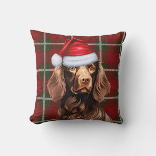 Boykin Spaniel Red Plaid Christmas Holiday Throw Pillow