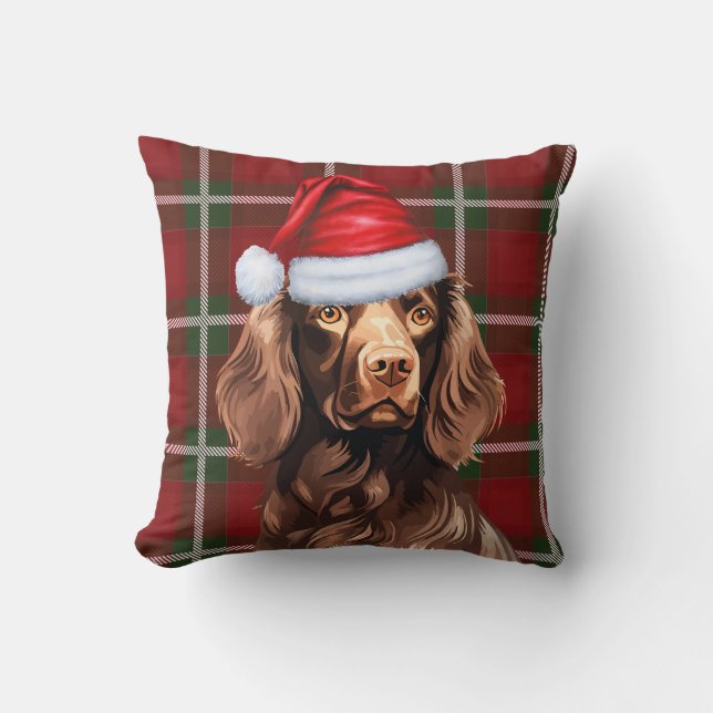 Boykin Spaniel Red Plaid Christmas Holiday Throw Pillow (Front)