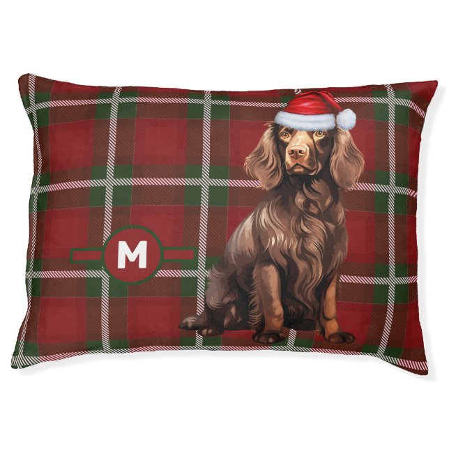 Boykin Spaniel Red Plaid with Monogrammed Dog Pet Bed (Front)