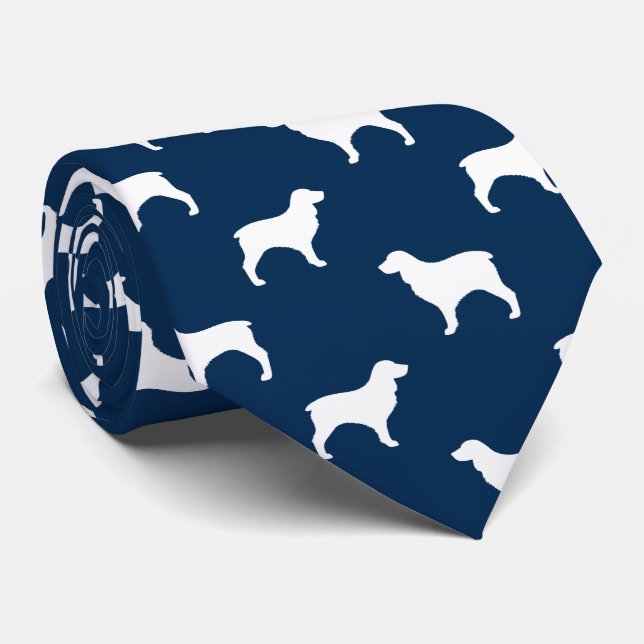 Boykin Spaniel Silhouettes Pattern Blue and White Neck Tie (Rolled)