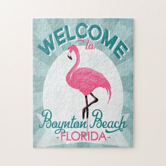 Boynton Beach Florida Pink Flamingo Retro Jigsaw Puzzle (Vertical)