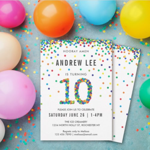 Boys 10th Birthday Party Primary Color Confetti Invitation