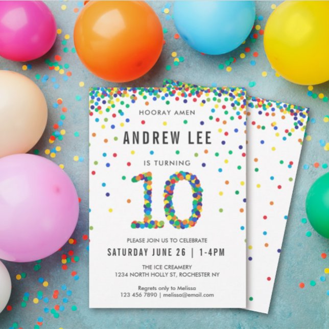 Boys 10th Birthday Party, Primary Color Confetti Invitation (Creator Uploaded)