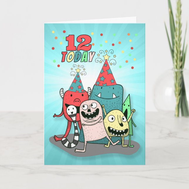 Boys 12th Birthday Red and Blue Cartoon Monsters Holiday Card (Front)