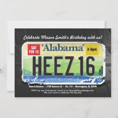 Boys 16th Bday Alabama License Invitation