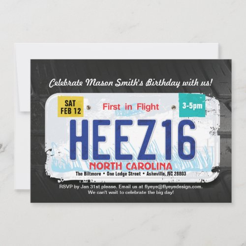 Boy's 16th Bday North Carolina License Invitation