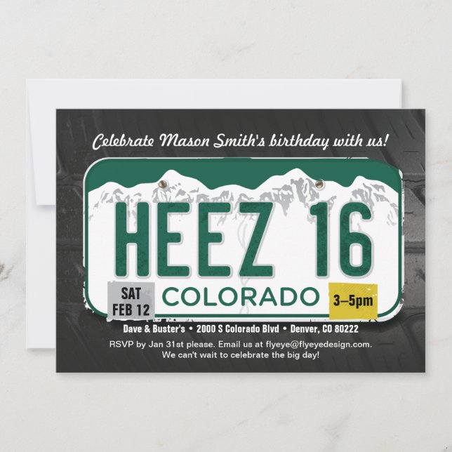 Boy's 16th Birthday Colorado License Invite (Front)