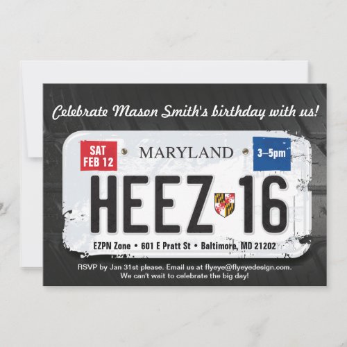 Boy's 16th Birthday Maryland License Invitation