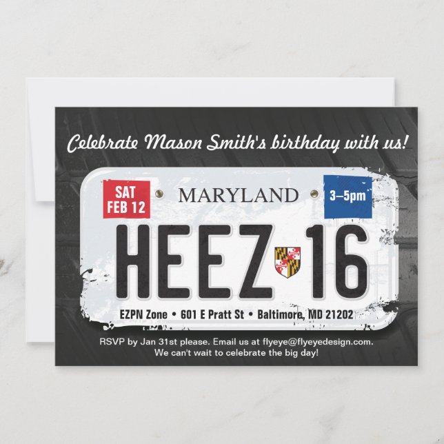 Boy's 16th Birthday Maryland License Invitation (Front)