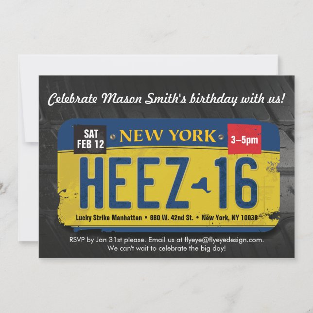 Boy's 16th Birthday New York License Invitation (Front)
