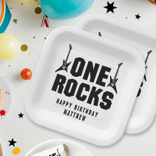 Boys 1st Birthday Black and White One Rocks Party Paper Plates