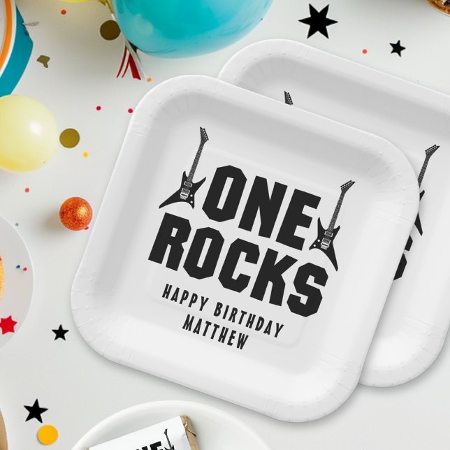 Boys 1st Birthday Black and White One Rocks Party Paper Plates (Creator Uploaded)