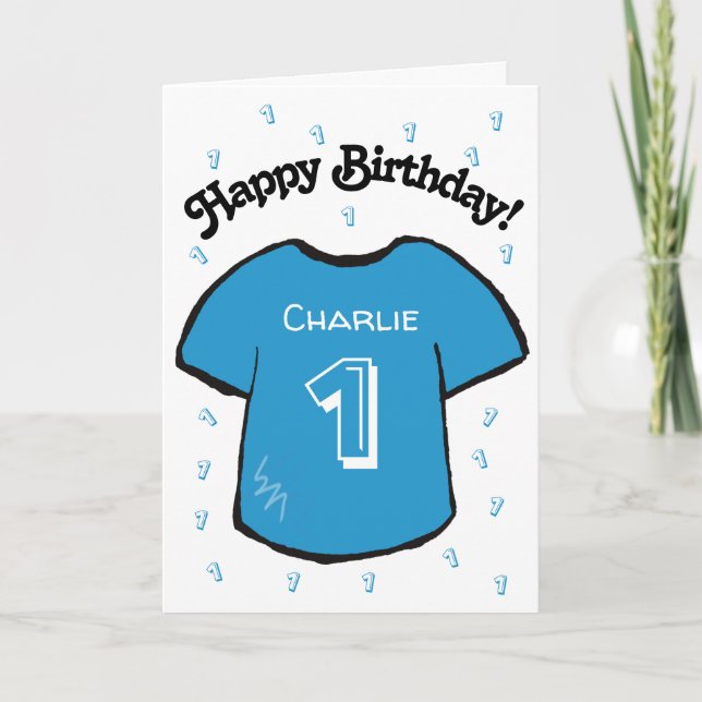 boy's 1st birthday blue football shirt card (Front)