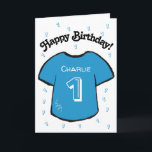 boy's 1st birthday blue football shirt card<br><div class="desc">Personalized boy's 1st birthday card with a blue football/ soccer shirt design.
A lovely card for a son or grandson who is turning one.  
If desired,  the card can be customized any age and your own message,  as well as the child's name can be included.</div>