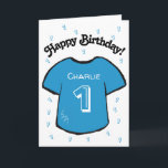 boy's 1st birthday blue football shirt card<br><div class="desc">Personalized boy's 1st birthday card with a blue football/ soccer shirt design.
A lovely card for a son or grandson who is turning one.  
If desired,  the card can be customized any age and your own message,  as well as the child's name can be included.</div>
