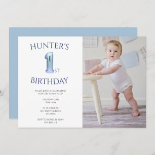 Boys 1st birthday blue photo invitation