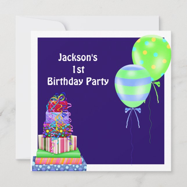 Boys 1st Birthday Cake Balloons Presents Navy Invitation (Front)