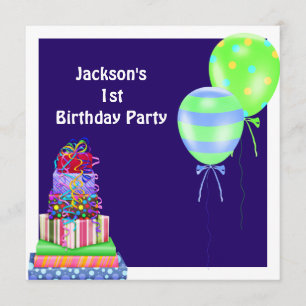 Boys 1st Birthday Cake Balloons Presents Navy Invitation