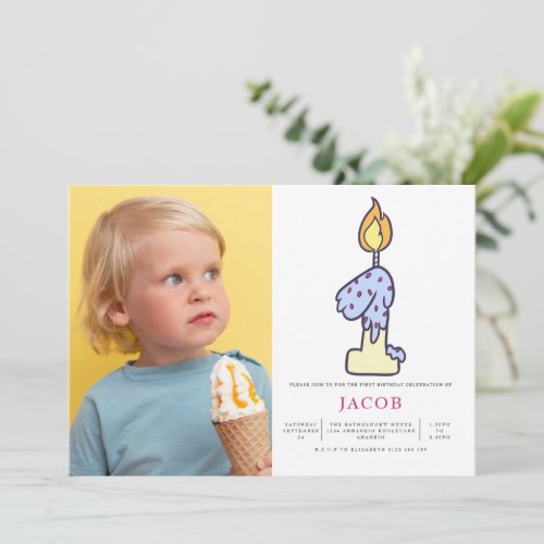 Boys 1st Birthday Candle Cake Party Photo Invitation