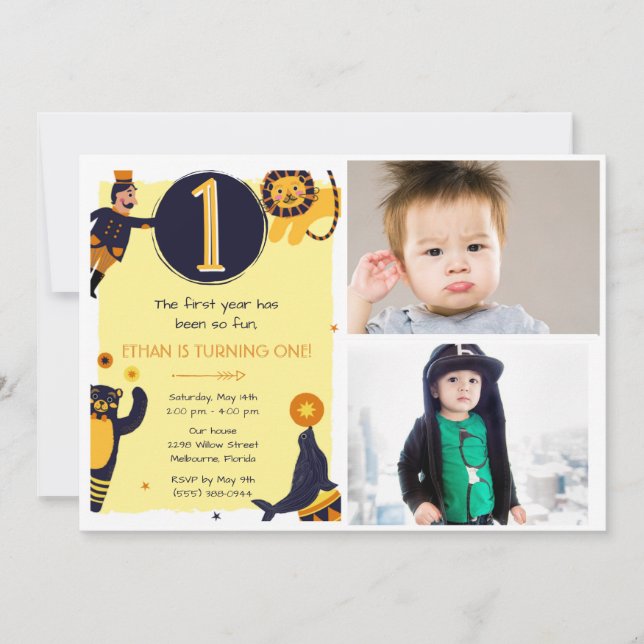 Boys 1st Birthday Circus Photo Party Invitation (Front)