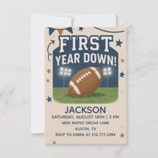 Boy's 1st Birthday First Year Down -Blue Football Invitation