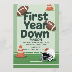 Boy's 1st Birthday First Year Down - Football Bday Invitation