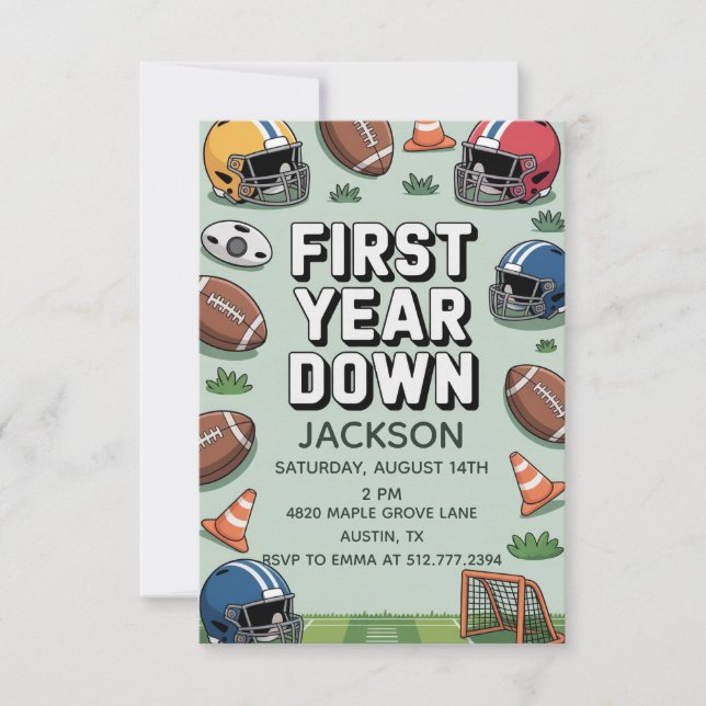 Boy's 1st Birthday First Year Down - Football  Invitation (Front)