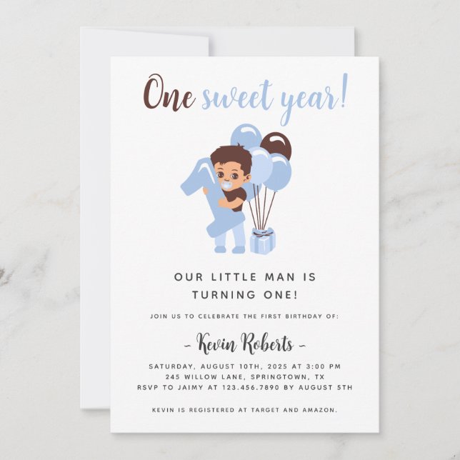 Boy's 1st Birthday Invitation with Big Number 1 (Front)