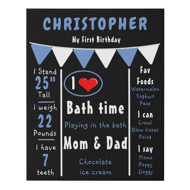 Boys 1st Birthday Milestones Memories Infographic Faux Canvas Print (Front)