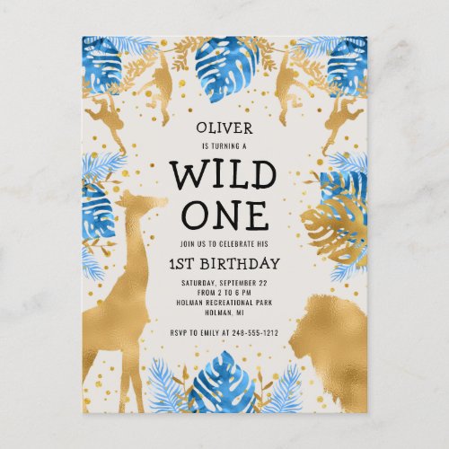 Boys 1st Birthday Party Blue Ecru Safari Invitation Postcard