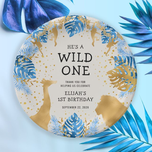 Boys 1st Birthday Party Blue Ecru Safari  Paper Plates (Creator Uploaded)