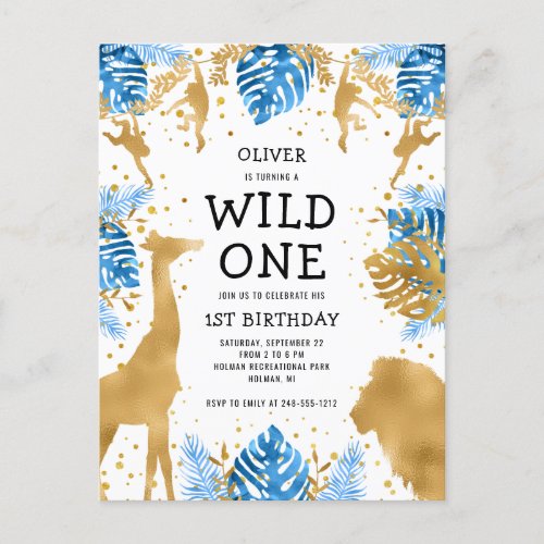 Boys 1st Birthday Party Blue Gold Safari Invitation Postcard