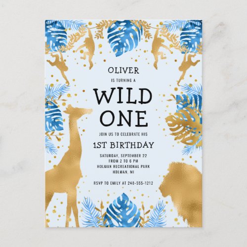 Boys 1st Birthday Party Blue Jungle Safari Invitation Postcard