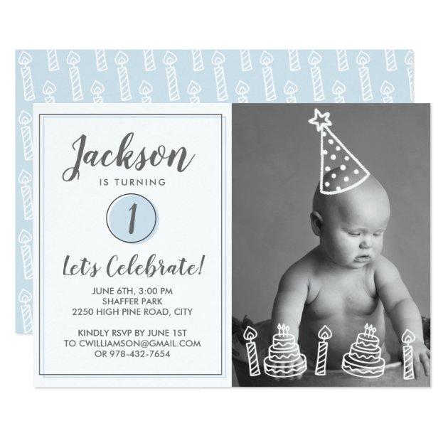 Boy's 1st Birthday Party Photo Candles Cake Card