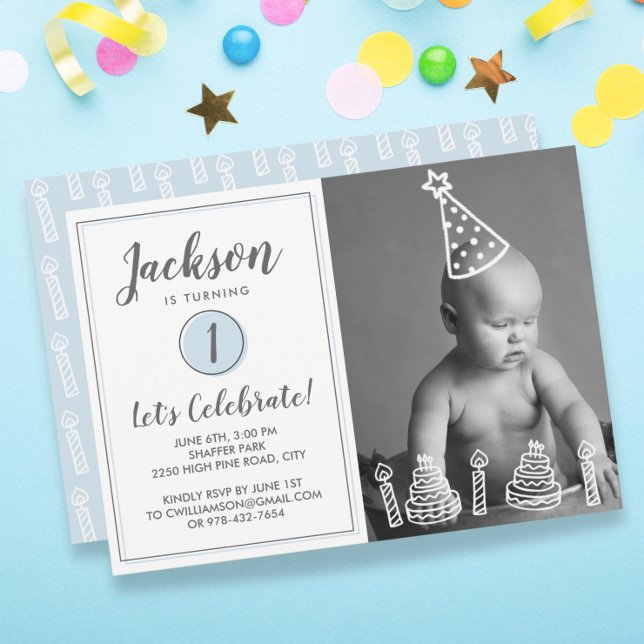 Boy's 1st Birthday Party Photo Candles Cake Invitation