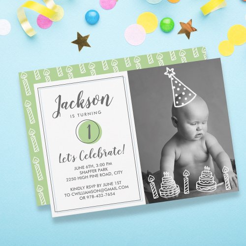 Boys 1st Birthday Party Photo Candles Cake Invitation