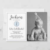 Boy's 1st Birthday Party Photo Candles Cake Invitation (Front)