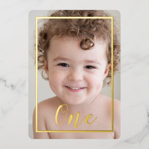 Boys 1st Birthday Party Photo & Gold Border Foil Invitation