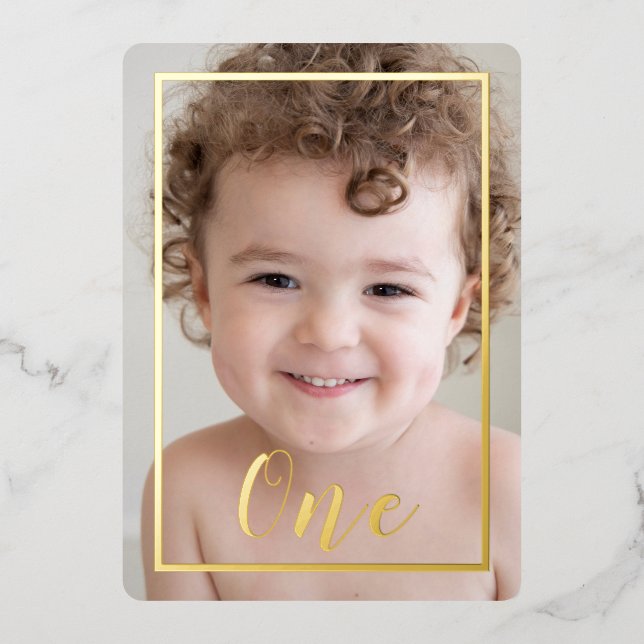 Boys 1st Birthday Party Photo & Gold Border Foil Invitation (Front)