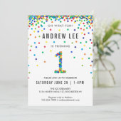 Boys 1st Birthday Party, Primary Color Confetti Invitation (Standing Front)
